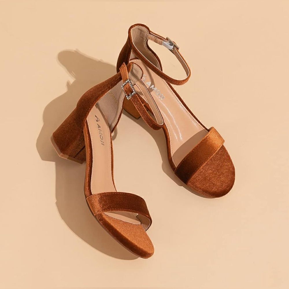 NIB Amoji Brown Velvet Sandals - Picture 3 of 7